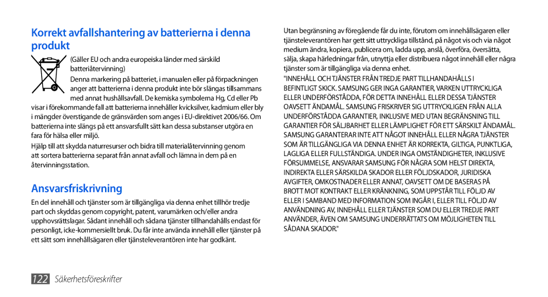 Samsung GT-I5800DKAXEE, GT-I5800DKANEE, GT-I5800CWANEE manual Korrekt avfallshantering av batterierna i denna produkt 