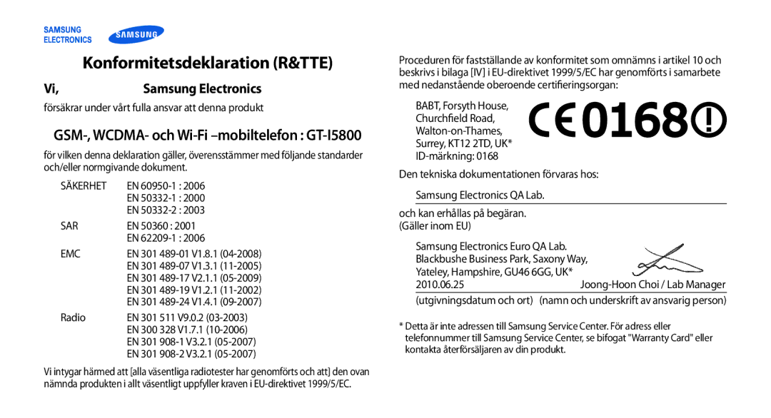 Samsung GT-I5800DKANEE, GT-I5800CWANEE, GT-I5800DKAXEE manual Konformitetsdeklaration R&TTE, Samsung Electronics 