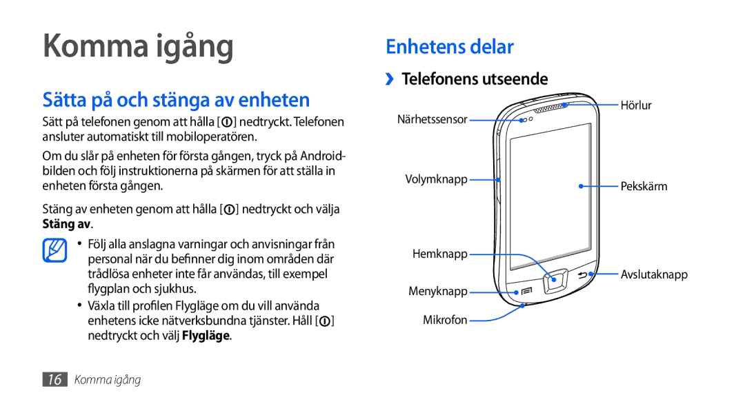 Samsung GT-I5800CWANEE, GT-I5800DKANEE Komma igång, Sätta på och stänga av enheten, Enhetens delar, ››Telefonens utseende 