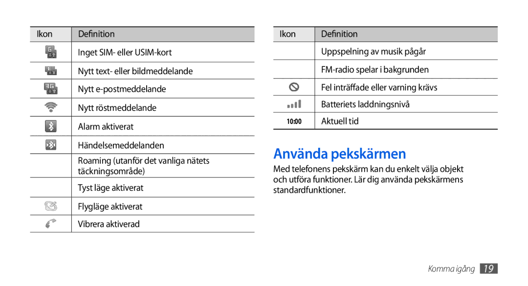 Samsung GT-I5800CWANEE, GT-I5800DKANEE, GT-I5800DKAXEE manual Använda pekskärmen, Aktuell tid 