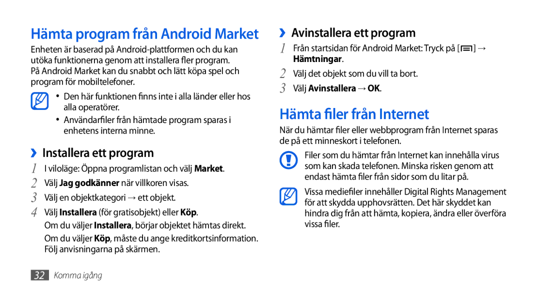 Samsung GT-I5800DKAXEE manual Hämta filer från Internet, ››Installera ett program, ››Avinstallera ett program, Hämtningar 