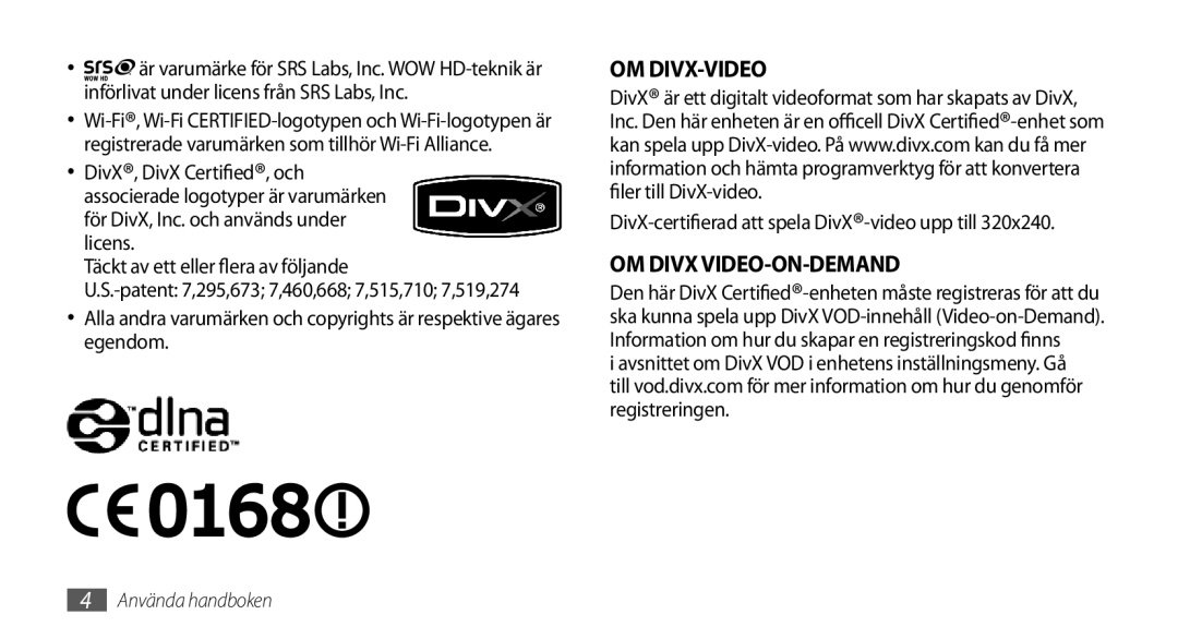 Samsung GT-I5800CWANEE, GT-I5800DKANEE, GT-I5800DKAXEE manual Om Divx-Video 