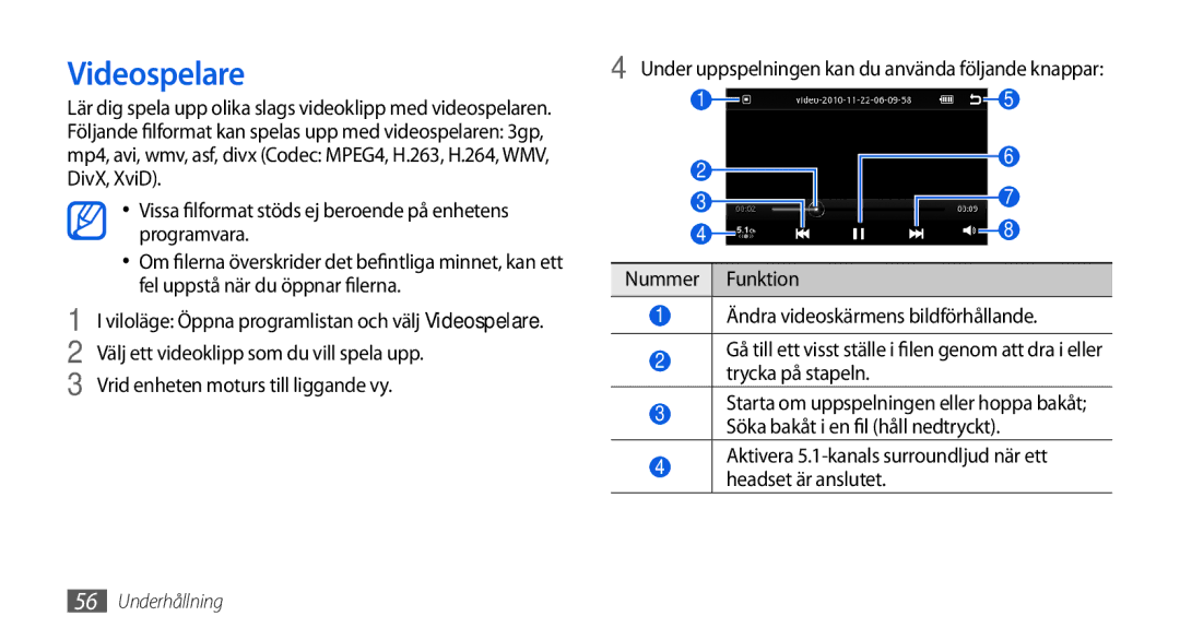 Samsung GT-I5800DKAXEE, GT-I5800DKANEE manual Videospelare, Vissa filformat stöds ej beroende på enhetens programvara 