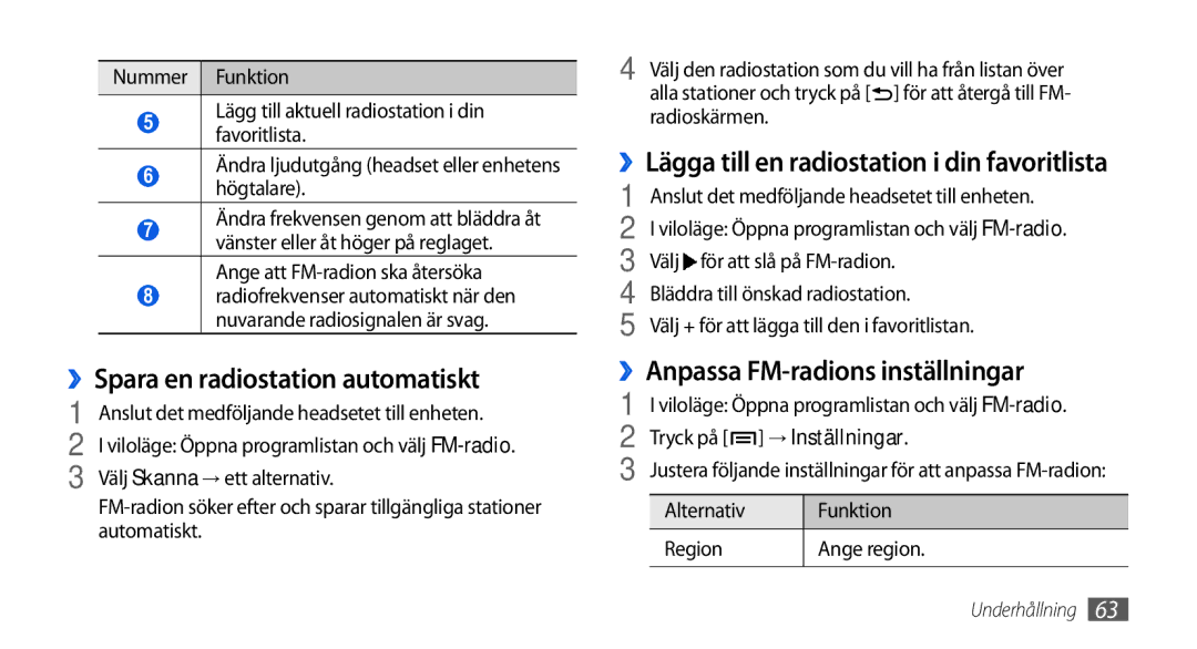 Samsung GT-I5800DKANEE, GT-I5800CWANEE manual ››Spara en radiostation automatiskt, ››Anpassa FM-radions inställningar 