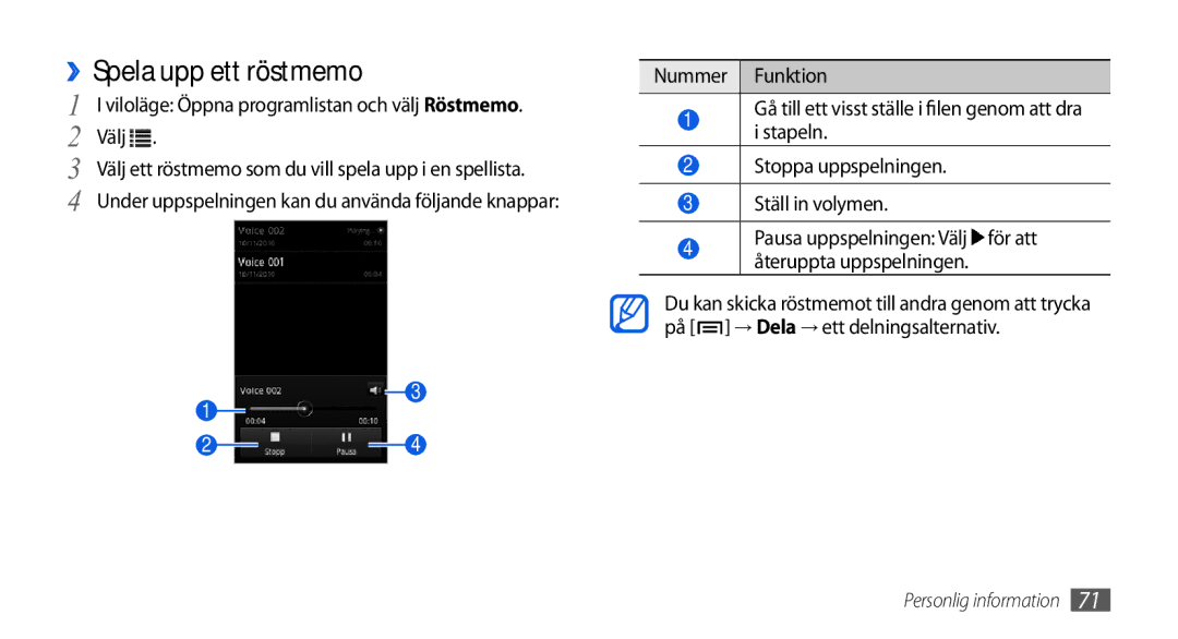 Samsung GT-I5800DKAXEE, GT-I5800DKANEE manual ››Spela upp ett röstmemo, Stapeln, Stoppa uppspelningen Ställ in volymen 