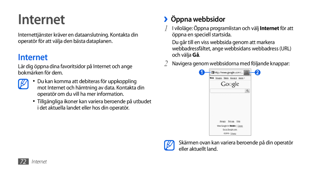 Samsung GT-I5800DKANEE, GT-I5800CWANEE, GT-I5800DKAXEE manual Internet, ››Öppna webbsidor 