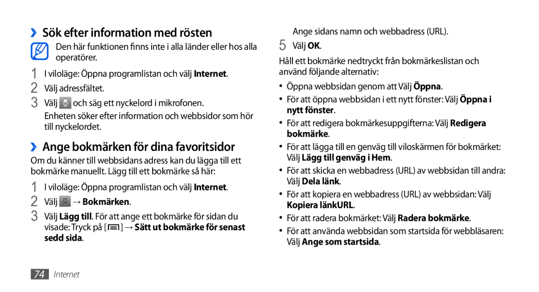 Samsung GT-I5800DKAXEE manual ››Sök efter information med rösten, ››Ange bokmärken för dina favoritsidor, Välj → Bokmärken 