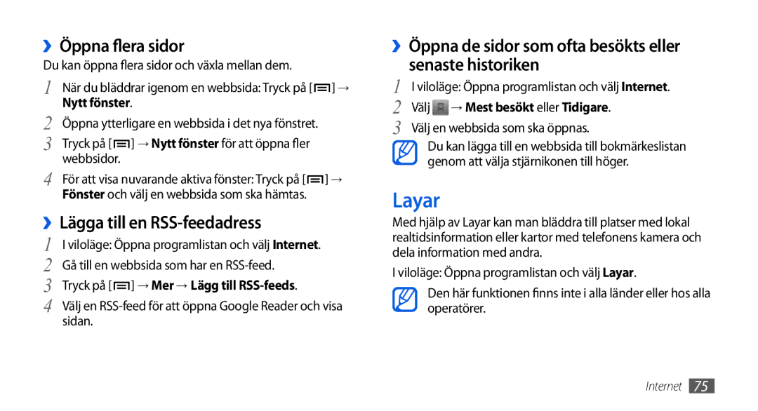 Samsung GT-I5800DKANEE, GT-I5800CWANEE, GT-I5800DKAXEE manual Layar, ››Öppna flera sidor, ››Lägga till en RSS-feedadress 