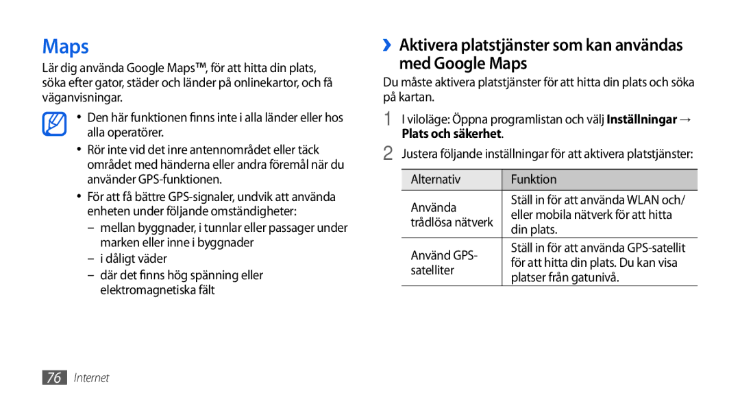 Samsung GT-I5800CWANEE, GT-I5800DKANEE, GT-I5800DKAXEE manual ››Aktivera platstjänster som kan användas med Google Maps 