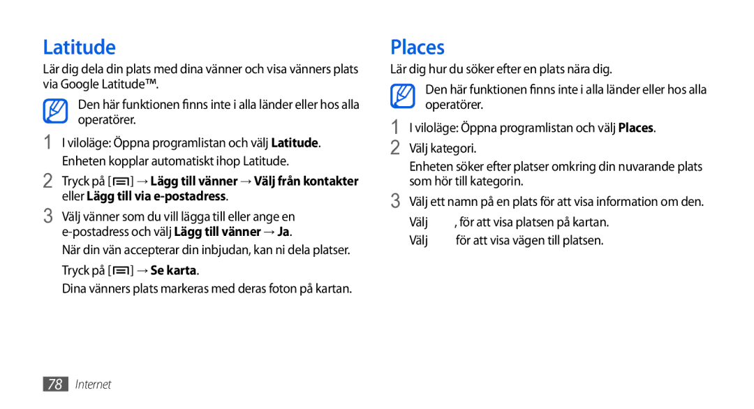 Samsung GT-I5800DKANEE, GT-I5800CWANEE, GT-I5800DKAXEE manual Places, Eller Lägg till via e-postadress, → Se karta 