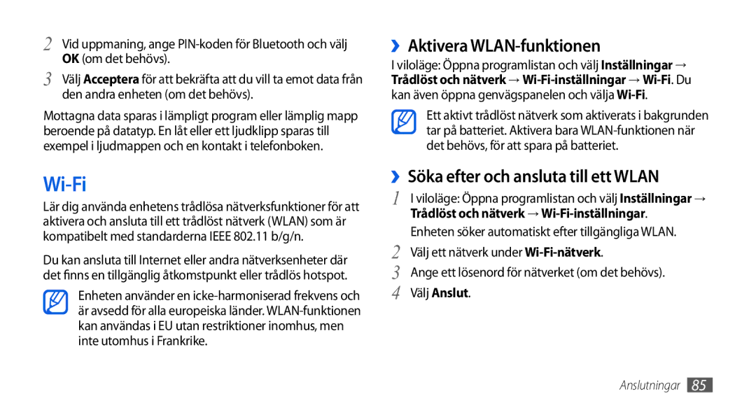 Samsung GT-I5800CWANEE, GT-I5800DKANEE manual Wi-Fi, ››Aktivera WLAN-funktionen, ››Söka efter och ansluta till ett Wlan 