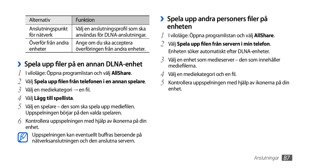 Samsung GT-I5800DKANEE manual ››Spela upp andra personers filer på enheten, ››Spela upp filer, På en annan DLNA-enhet 