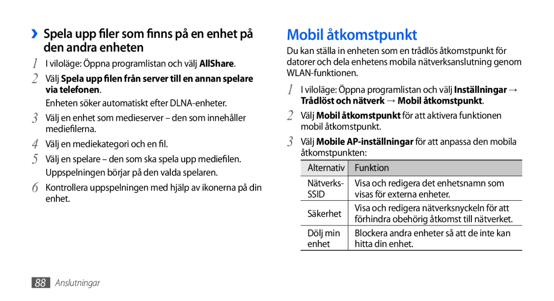 Samsung GT-I5800CWANEE, GT-I5800DKANEE, GT-I5800DKAXEE manual Mobil åtkomstpunkt, Via telefonen 