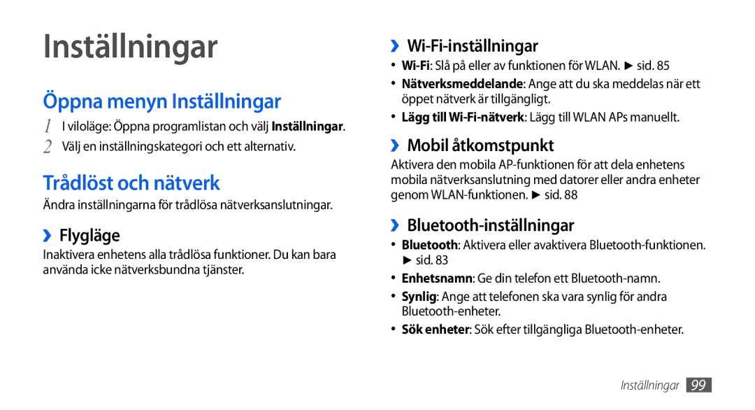 Samsung GT-I5800DKANEE, GT-I5800CWANEE, GT-I5800DKAXEE manual Öppna menyn Inställningar, Trådlöst och nätverk 