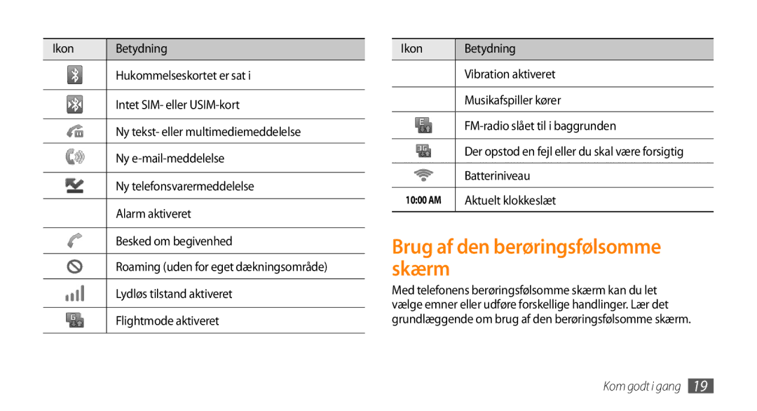 Samsung GT-I5800CWANEE, GT-I5800DKANEE manual Brug af den berøringsfølsomme skærm, Batteriniveau, Aktuelt klokkeslæt 