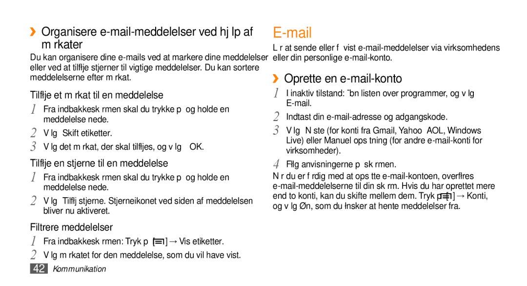 Samsung GT-I5800DKANEE manual Mail, ››Organisere e-mail-meddelelser ved hjælp af mærkater, ››Oprette en e-mail-konto 