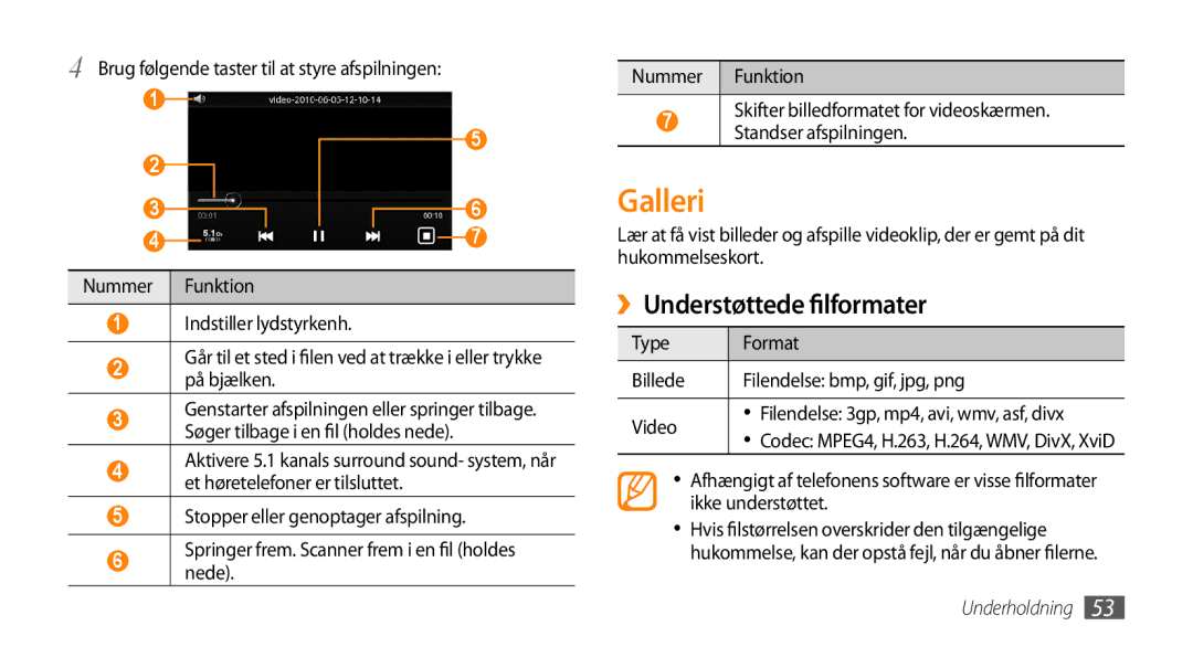 Samsung GT-I5800DKAXEE manual Galleri, ››Understøttede filformater, Brug følgende taster til at styre afspilningen 