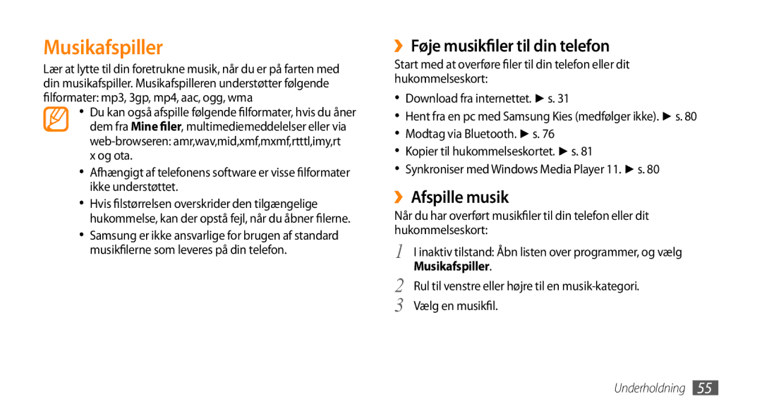 Samsung GT-I5800CWANEE manual Musikafspiller, ››Føje musikfiler til din telefon, ››Afspille musik, Vælg en musikfil 