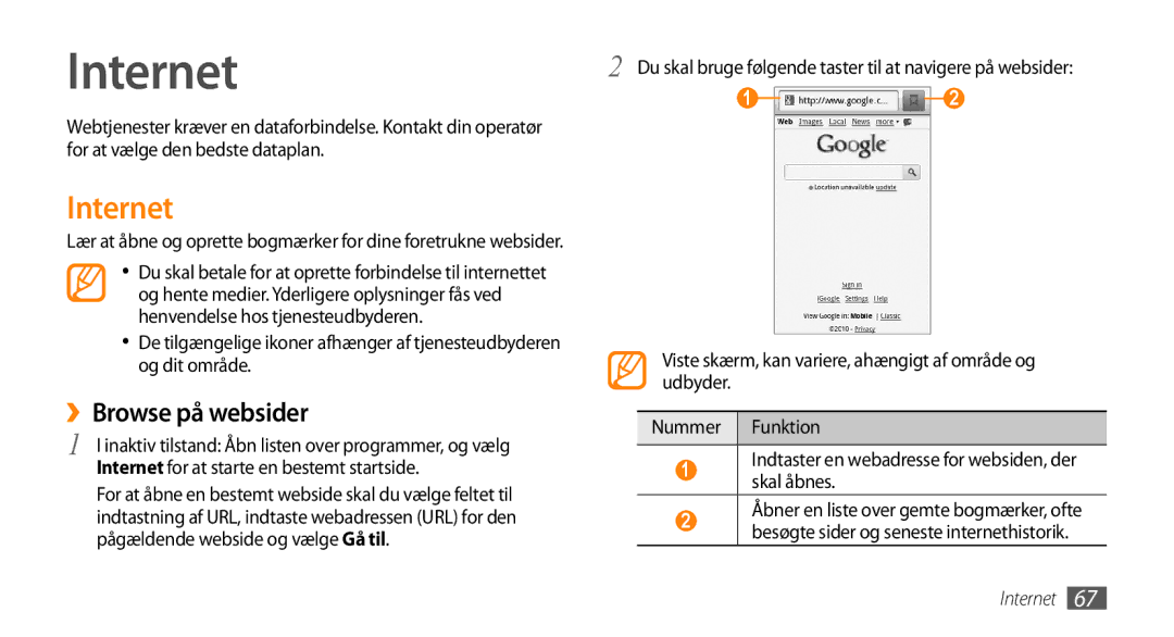 Samsung GT-I5800CWANEE, GT-I5800DKANEE, GT-I5800DKAXEE manual Internet, ››Browse på websider 