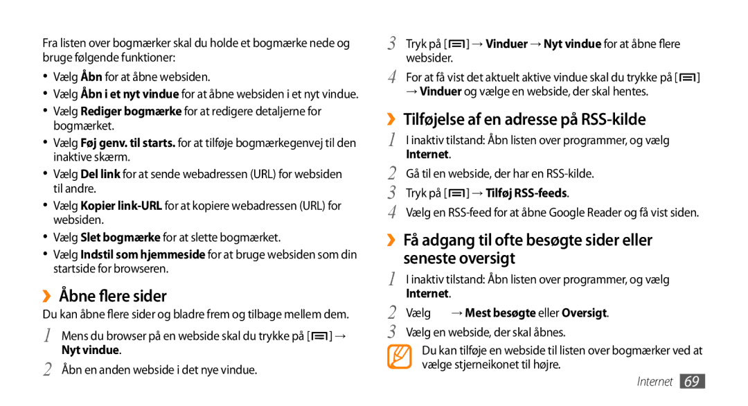 Samsung GT-I5800DKANEE, GT-I5800CWANEE, GT-I5800DKAXEE manual ››Åbne flere sider, ››Tilføjelse af en adresse på RSS-kilde 