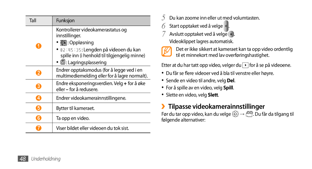 Samsung GT-I5800DKANEE, GT-I5800CWANEE ››Tilpasse videokamerainnstillinger, Tall Funksjon, Videoklippet lagres automatisk 