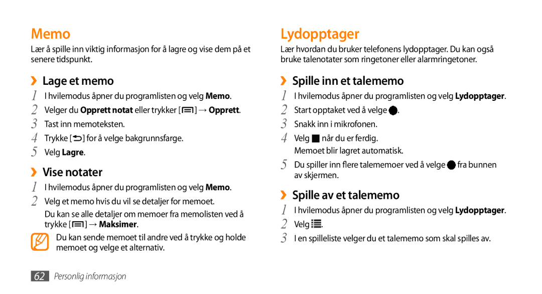 Samsung GT-I5800DKAXEE, GT-I5800DKANEE, GT-I5800CWANEE manual Memo, Lydopptager 