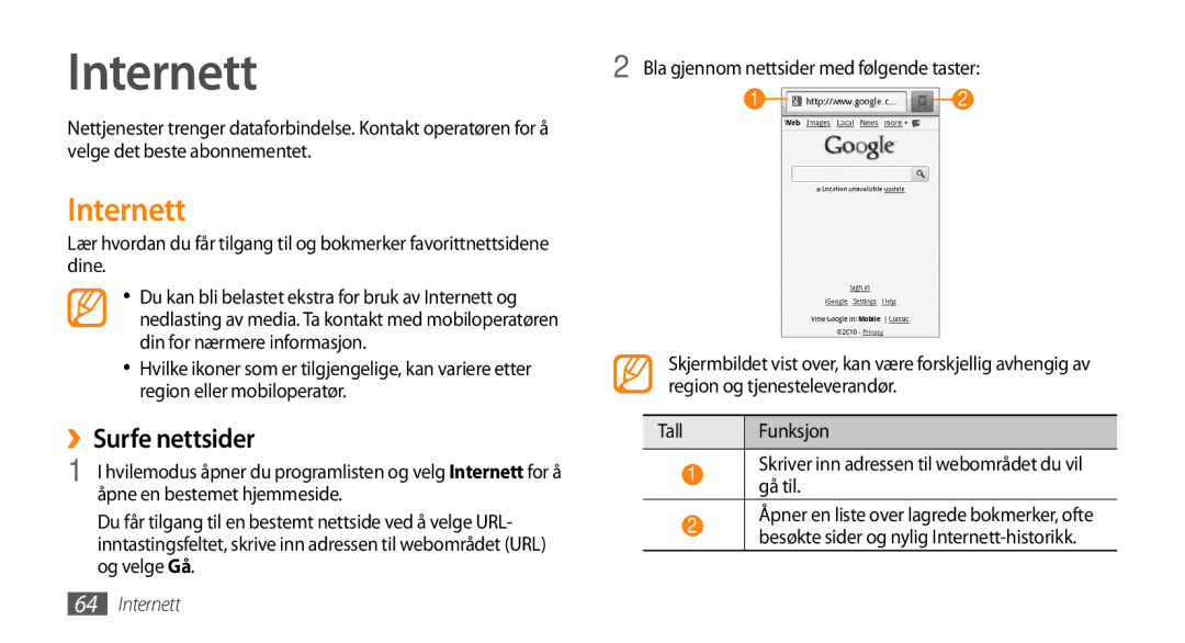 Samsung GT-I5800CWANEE, GT-I5800DKANEE, GT-I5800DKAXEE manual Internett, ››Surfe nettsider 