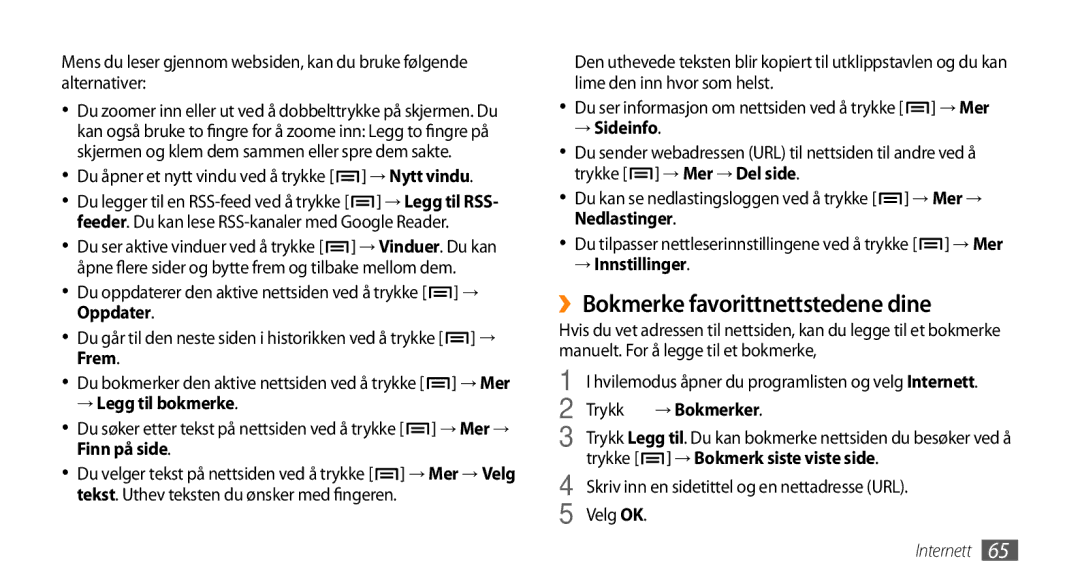 Samsung GT-I5800DKAXEE, GT-I5800DKANEE, GT-I5800CWANEE manual ››Bokmerke favorittnettstedene dine 