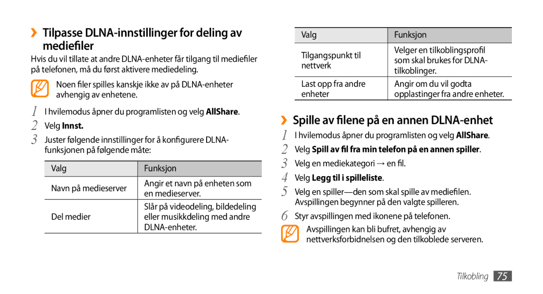 Samsung GT-I5800DKANEE, GT-I5800CWANEE, GT-I5800DKAXEE ››Tilpasse DLNA-innstillinger for deling av mediefiler, Velg Innst 