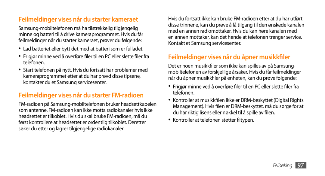 Samsung GT-I5800CWANEE manual Feilmeldinger vises når du starter kameraet, Feilmeldinger vises når du åpner musikkfiler 