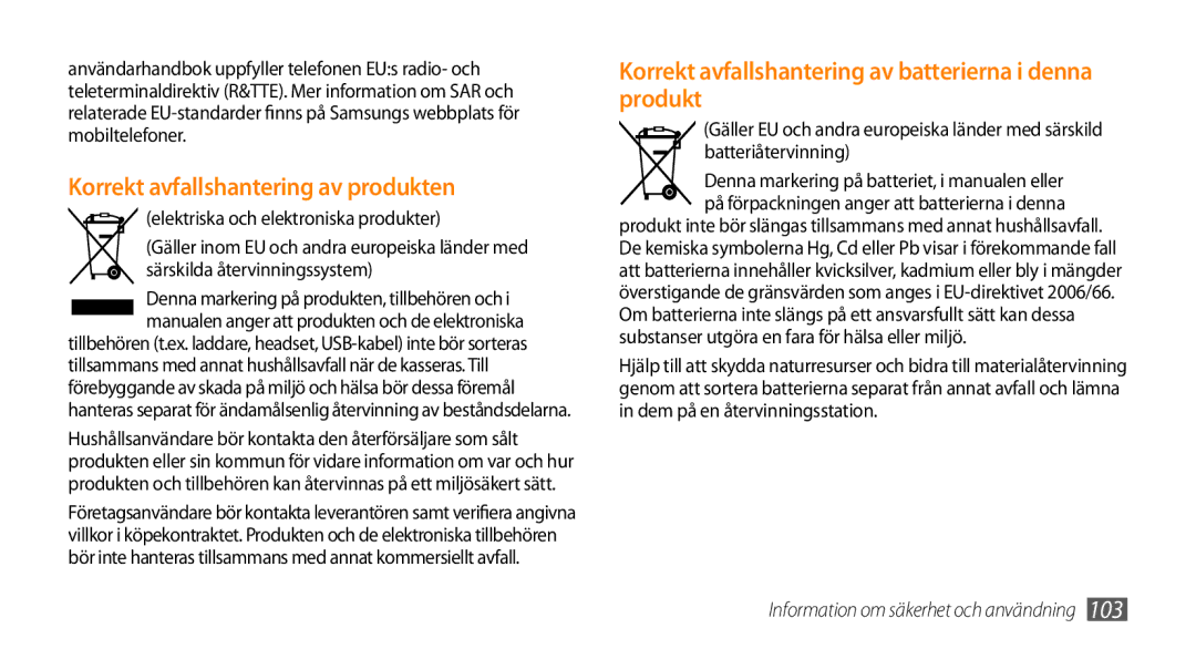 Samsung GT-I5800CWANEE Korrekt avfallshantering av produkten, Korrekt avfallshantering av batterierna i denna produkt 