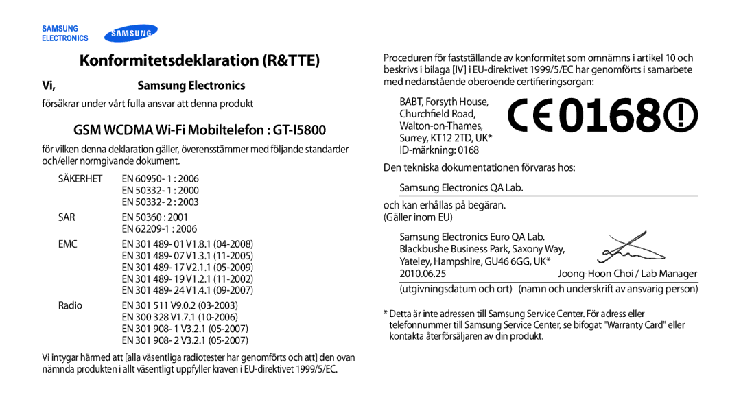 Samsung GT-I5800CWANEE, GT-I5800DKANEE, GT-I5800DKAXEE manual GSM Wcdma Wi-Fi Mobiltelefon GT-I5800, Samsung Electronics 