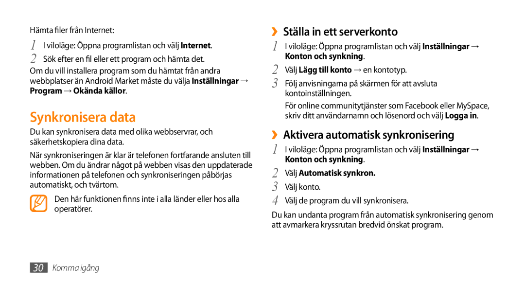 Samsung GT-I5800DKANEE manual Synkronisera data, ››Ställa in ett serverkonto, ››Aktivera automatisk synkronisering 