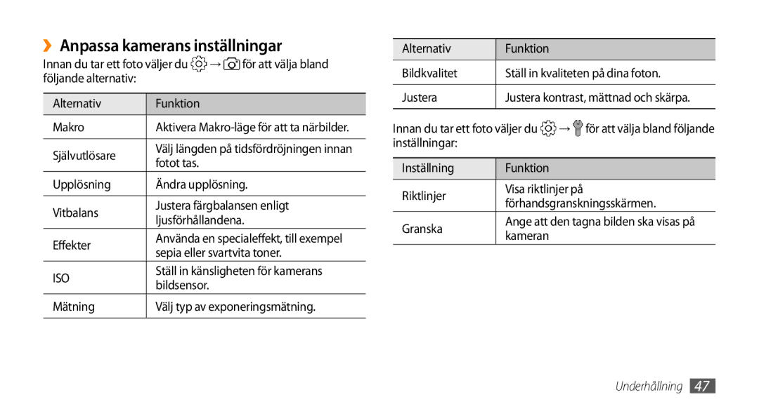 Samsung GT-I5800DKAXEE, GT-I5800DKANEE, GT-I5800CWANEE manual ››Anpassa kamerans inställningar 