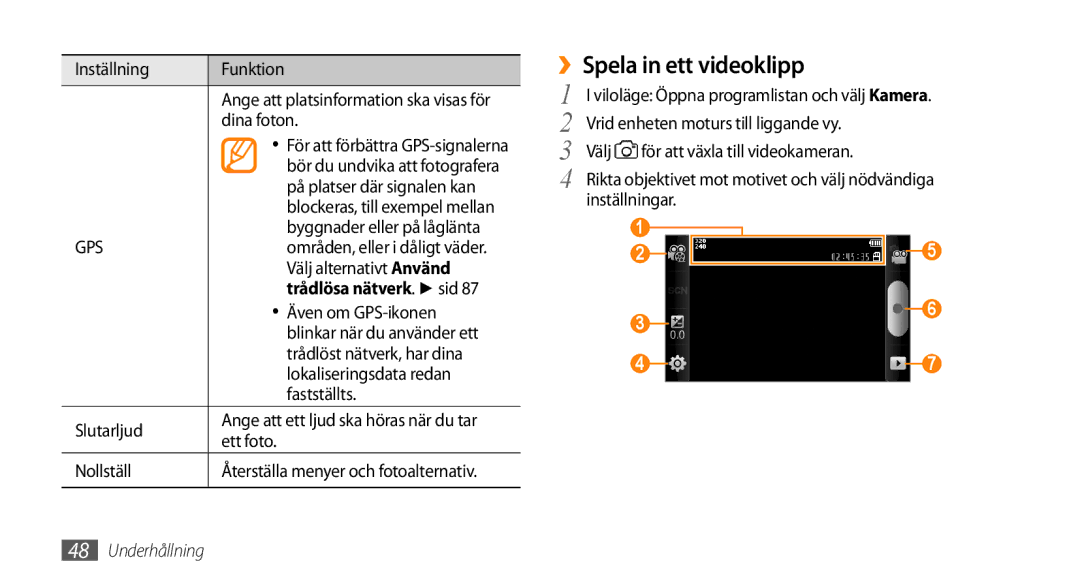 Samsung GT-I5800DKANEE, GT-I5800CWANEE, GT-I5800DKAXEE manual ››Spela in ett videoklipp 