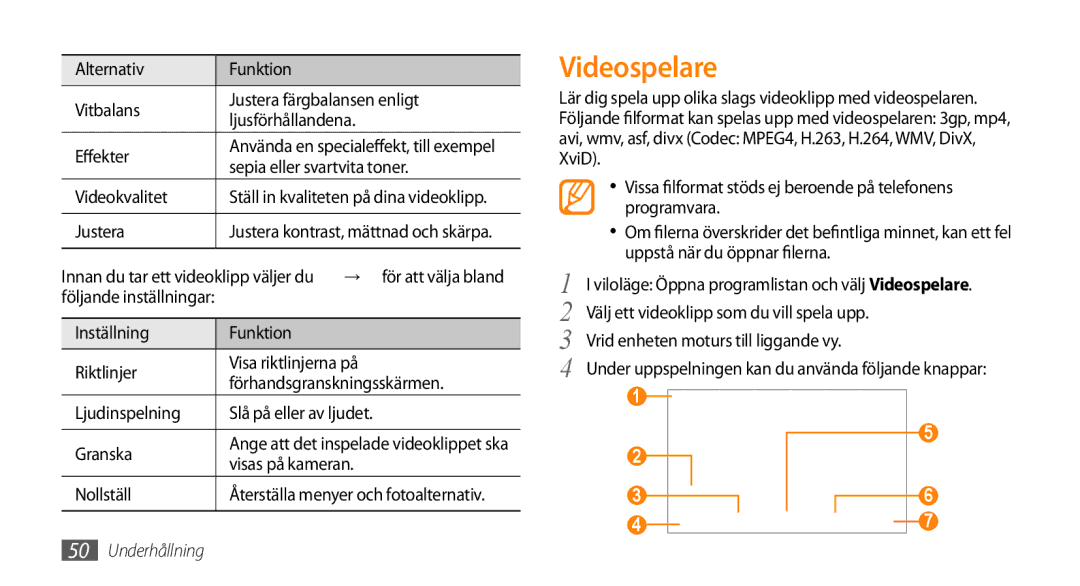 Samsung GT-I5800DKAXEE, GT-I5800DKANEE, GT-I5800CWANEE Videospelare, Videokvalitet, → för att välja bland, Visas på kameran 