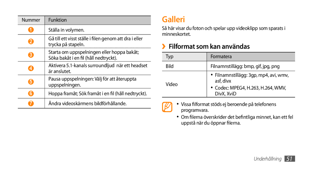 Samsung GT-I5800DKANEE manual Galleri, ››Filformat som kan användas, Ändra videoskärmens bildförhållande, Video Asf, divx 