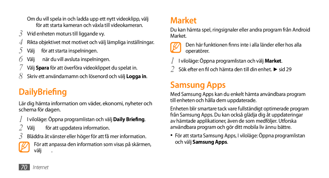 Samsung GT-I5800CWANEE, GT-I5800DKANEE, GT-I5800DKAXEE manual DailyBriefing, Market, Samsung Apps 