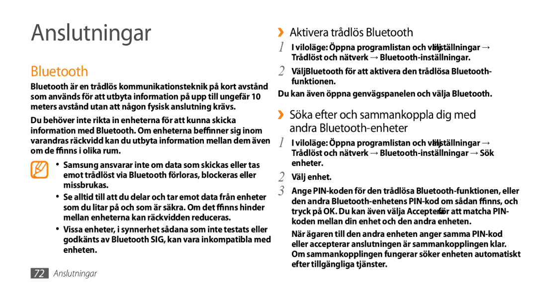 Samsung GT-I5800DKANEE, GT-I5800CWANEE, GT-I5800DKAXEE manual Anslutningar, ››Aktivera trådlös Bluetooth, Enheter 