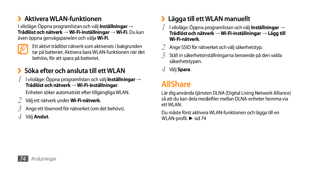 Samsung GT-I5800DKAXEE, GT-I5800DKANEE manual AllShare, ››Aktivera WLAN-funktionen, ››Söka efter och ansluta till ett Wlan 