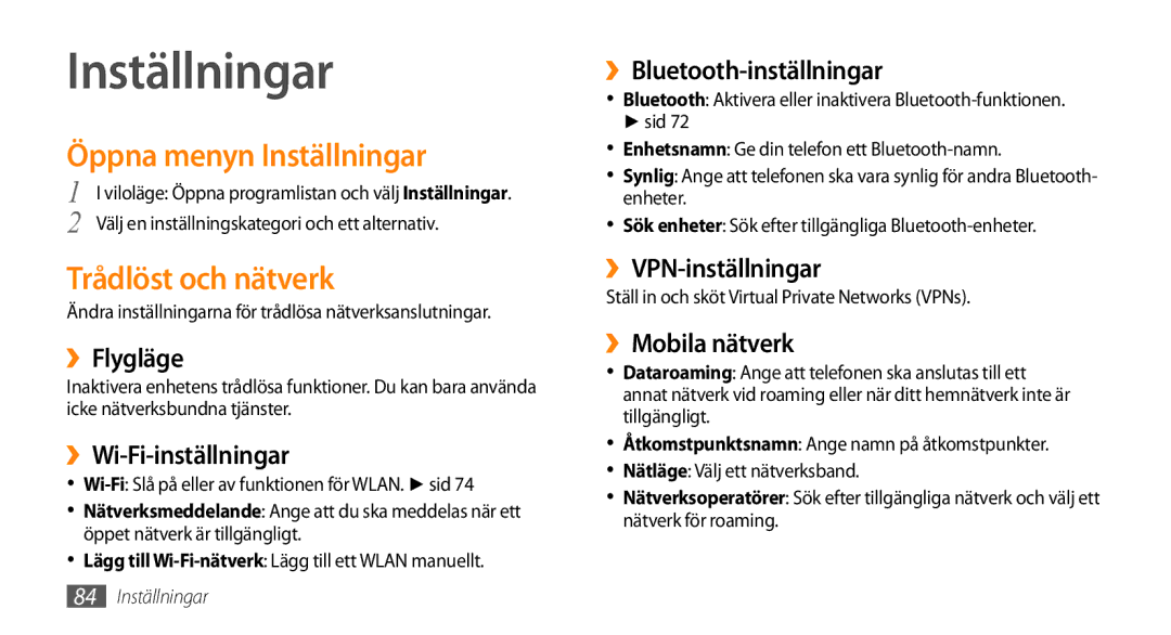 Samsung GT-I5800DKANEE, GT-I5800CWANEE, GT-I5800DKAXEE manual Öppna menyn Inställningar, Trådlöst och nätverk 