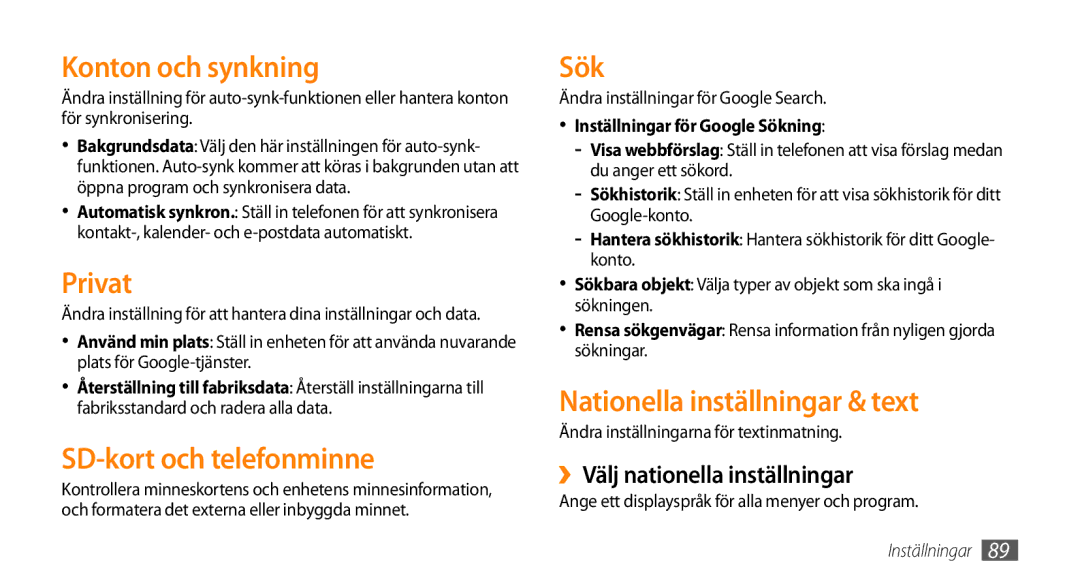 Samsung GT-I5800DKAXEE manual Konton och synkning, Privat, SD-kort och telefonminne, Sök, Nationella inställningar & text 