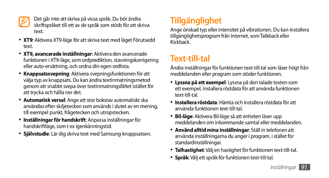 Samsung GT-I5800CWANEE, GT-I5800DKANEE, GT-I5800DKAXEE manual Tillgänglighet, Text-till-tal 