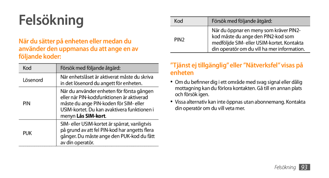 Samsung GT-I5800DKANEE manual Felsökning, Tjänst ej tillgängligeller Nätverksfelvisas på enheten, Menyn Lås SIM-kort 