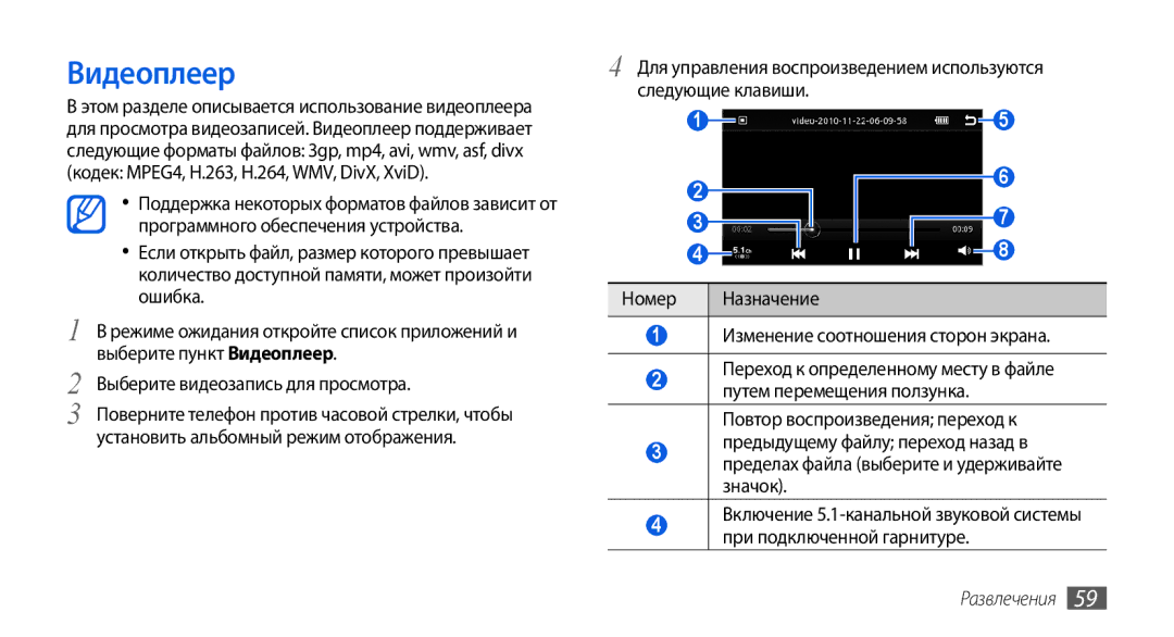 Samsung GT-I5800CWASER, GT-I5800DKASEB, GT-I5800CWASEB, GT-I5800DKASER manual Видеоплеер, Изменение соотношения сторон экрана 