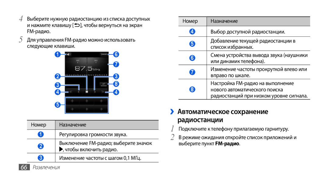 Samsung GT-I5800DKASER, GT-I5800DKASEB ››Автоматическое сохранение радиостанции, Выберите пункт FM-радио, 66 Развлечения 