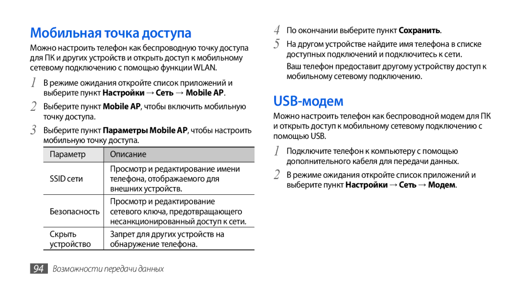 Samsung GT-I5800DKASER, GT-I5800DKASEB, GT-I5800CWASEB Мобильная точка доступа, USB-модем, 94 Возможности передачи данных 