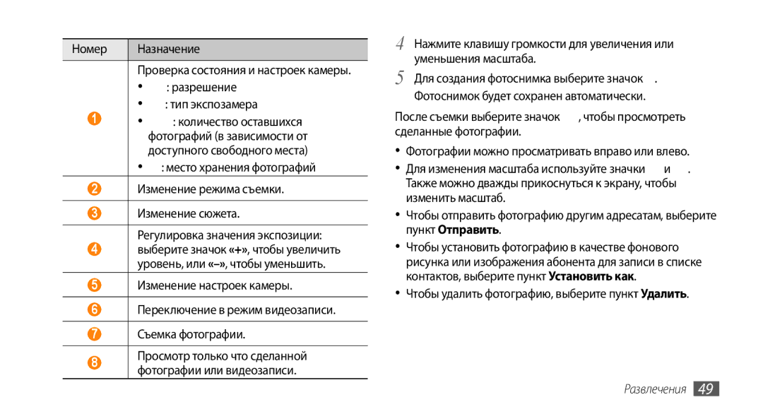 Samsung GT-I5800CWASEB, GT-I5800DKASEB Уменьшения масштаба, Чтобы удалить фотографию, выберите пункт Удалить, Развлечения 