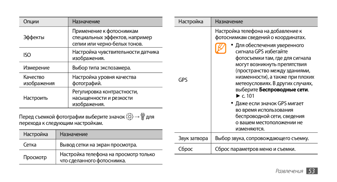 Samsung GT-I5800CWASEB Опции Назначение Применение к фотоснимкам Эффекты, Сепии или черно-белых тонов, Изображения, → для 