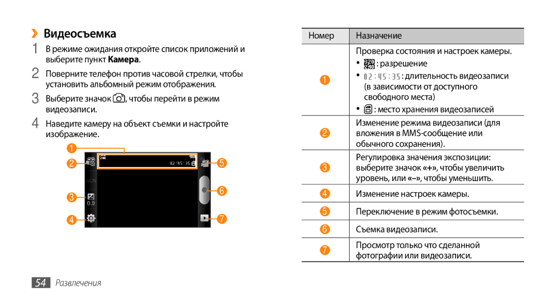 Samsung GT-I5800DKASER, GT-I5800DKASEB, GT-I5800CWASEB, GT-I5800CWASER manual ››Видеосъемка, 54 Развлечения 